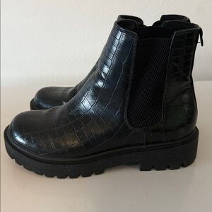 Black Croc-Embossed Ankle Boots